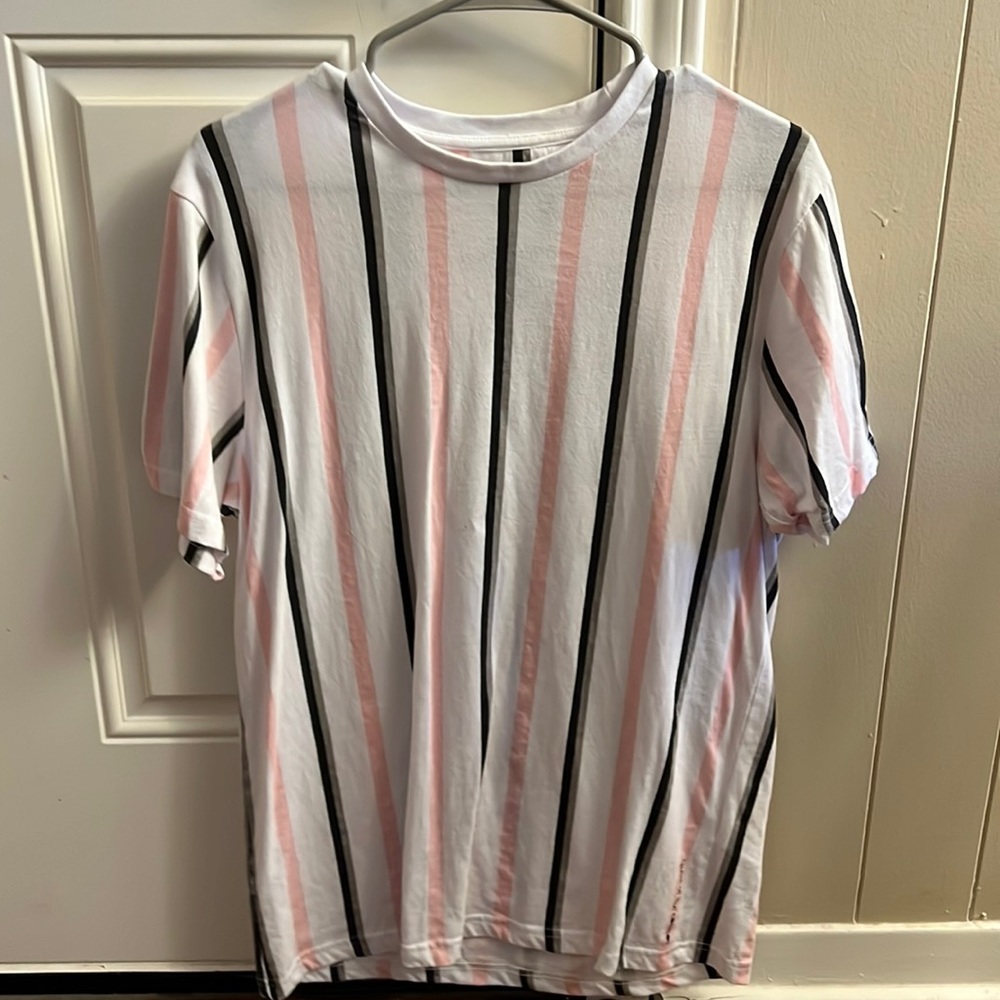 Denim an flowers pink and black striped shirt